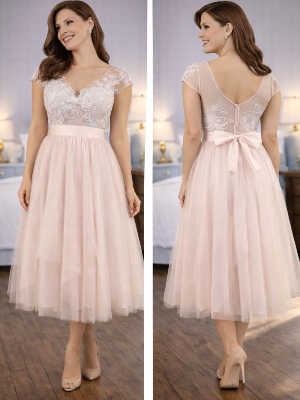 NEW O'Blanc Pink Silver Lace Tulle Formal Midi Dress $1440
